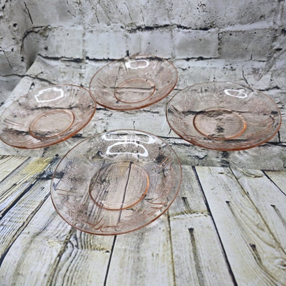 Vintage Arcoroc France Pink Floral Raised Glass Dessert Plates Set of 4 MCM  6"